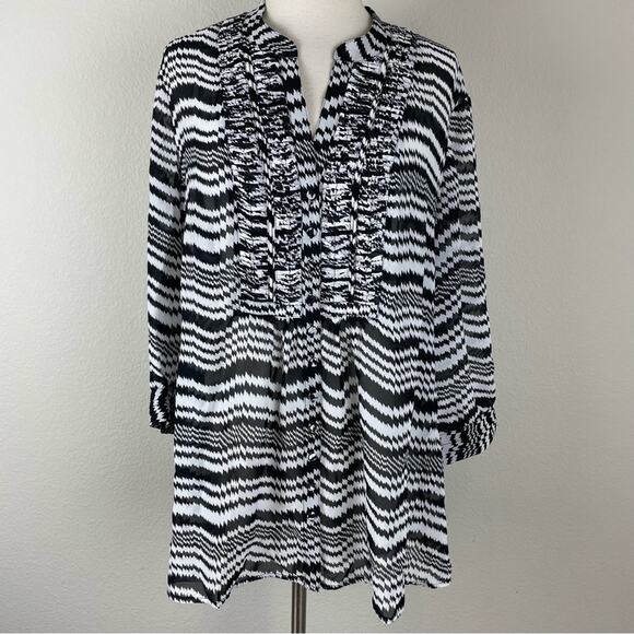 Chico's Black White Semi Sheer Long Sleeve Abstract Stripe Button Front Top 2 - Picture 2 of 9